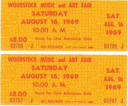 Lot of (2) 1969 Woodstock Original Unused Tickets From Saturday, August 16, 1969